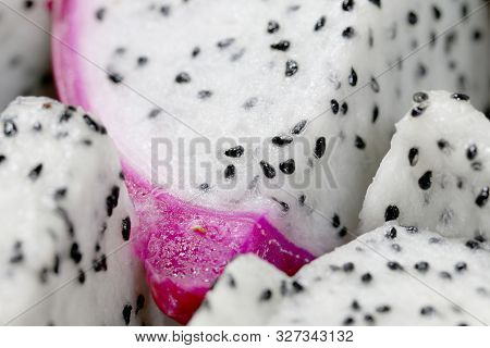 Healthy Dragon Fruit Or Pitaya Pieces Background, Close Up Of Beautiful Fresh Sliced Dragon Fruit Wi