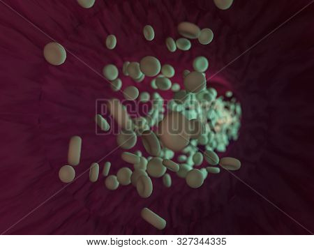 Red Blood Cells. Scientific Illustration Bloodstream. 3d Rebdering