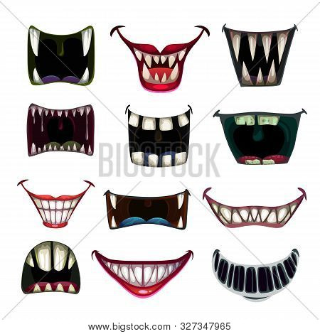 Creppy Fantasy Monsters Mouth Set. Vector Scary Jaws Collection.