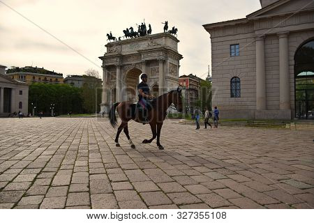 Milan, Italy, 20.07.2019: Italian Mounted Police Are Patrolling At Piazza Sempione (simplon Square) 
