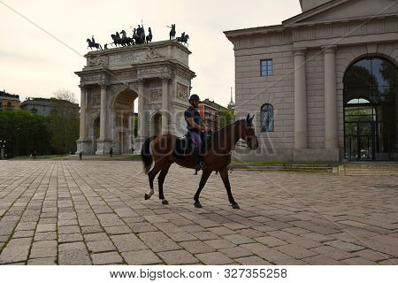 Milan, Italy, 20.07.2019: Italian Mounted Police Are Patrolling At Piazza Sempione, Simplon Square I