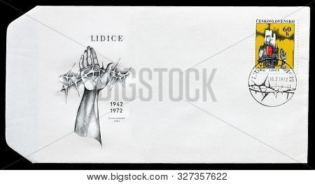 Cancelled Postage Stamp Printed By Czechoslovakia, That Shows Destruction Of Lidice, Circa 1972.
