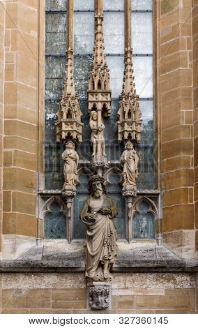 Saint sculptures at a facade of Lutheran St. James (Jakob)'s  Church in Rothenburg ob der Tauber, Bavaria, Germany, a part of the pilgrimage route to St. James Church in Santiago de Compostela, Spain