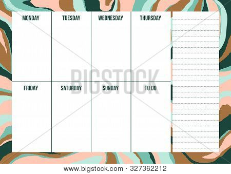 Abstract Fun Weekly Planning Template With Notes On Hand Draw Striped Liquid Background. Trendy Orga