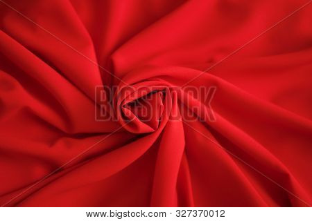 Red Batiste Made Of Cotton. Sample Of Red Soft Fabric With Pleats. Top View