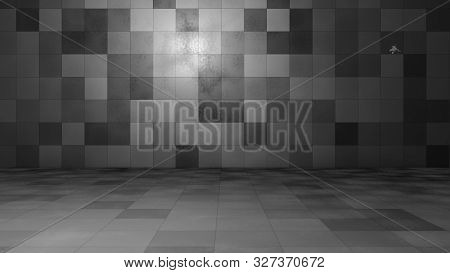 Empty Windowless Interior, Wall And Floor Made Of Tiles. 3d Illustration