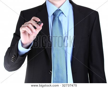 podnikatel psaní na obrazovce izolovaných na bílém