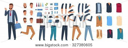 Male Character Constructor. Cartoon Animation Kit With Different Body Parts, Emotional Face Expressi