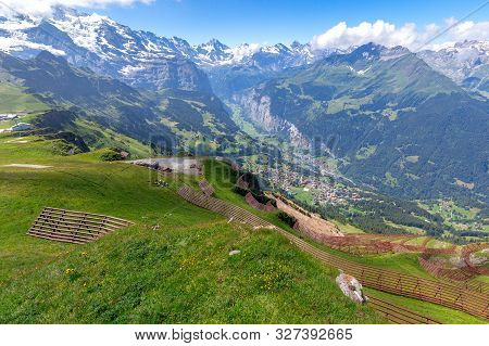 Aerial View Of The Village Of Lauterbrunnen From The Mountain Mannlichen. Switzerland.
