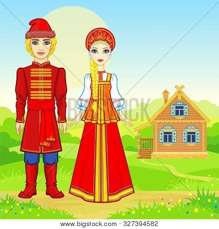 Animation Portrait Of Beautiful Russian Family  In Traditional Clothes.  Fairy Tale Character. Full 