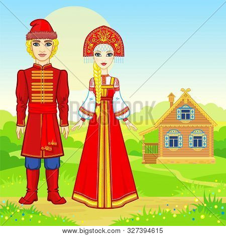 Animation Portrait Of Beautiful Russian Family  In Traditional Clothes.  Fairy Tale Character. Full 