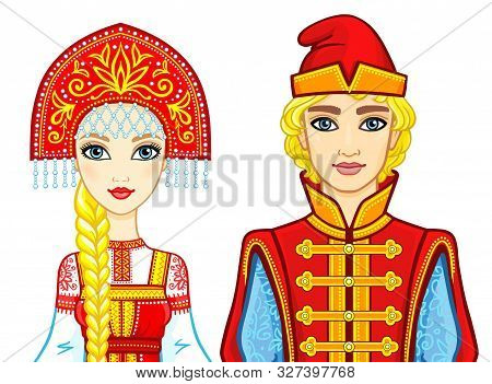 Animation Portrait Of A Family In Ancient Russian Clothes. Vector Illustration Isolated On A White B