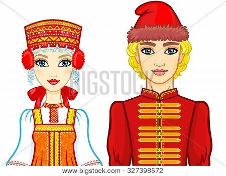 Animation Portrait Of A Family In Ancient Russian Clothes. Vector Illustration Isolated On A White B