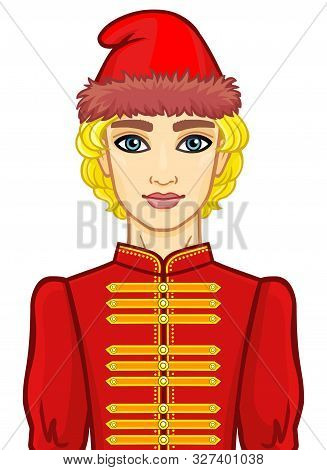 Portrait Of A Young Slavic Man In Ancient Russian Clothes. Vector Illustration Isolated On A White B