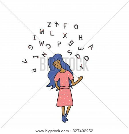 Dyslexia Concept. Girl With Stylized Letters.vector Sign With Stylized Letters.