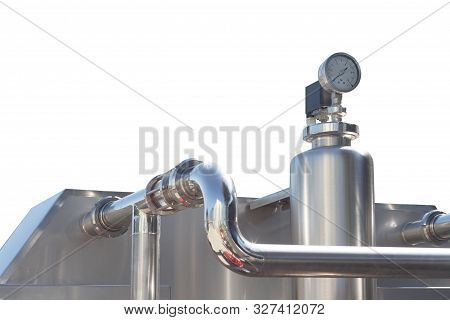 Front View Closeup Of Chrome Pressure Dial On Aluminum Pipes Isolated On White Backgrounds