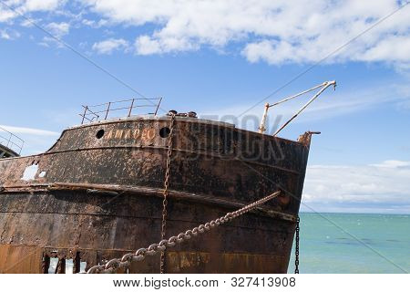 Wreckages On San Gregorio Beach, Chile Historic Site. Beached Ships