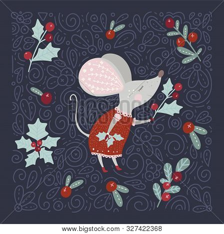 Christmas Funny Cartoon Hand Drawn Dreaming Mouse And Holly Pointsettia Berry Card In A Flat And Doo