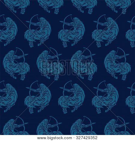 Beautiful Blue Seamless Pattern With Zodiac Symbol Saggitarius Silhouettes