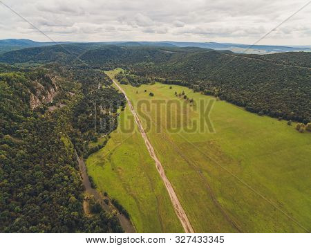 Summer Warm Sun Light Forest Aerial View.