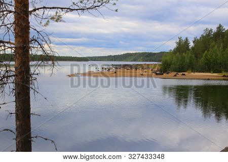 View Over Beach At The Stream Skelleftealven In Vasterbotten, Sweden