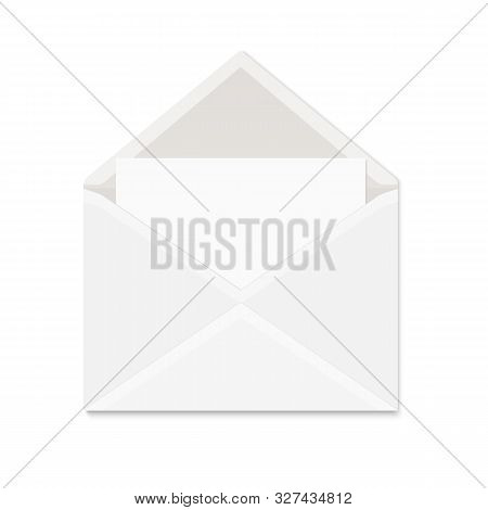 Realistic White Paper Envelope With Shadow On White Background. Blank Vector Mock Up Of Opened Envel