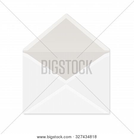 Realistic White Paper Envelope For Postcard Or Invitation. Blank Vector Mockup Of Opened Envelope Wi