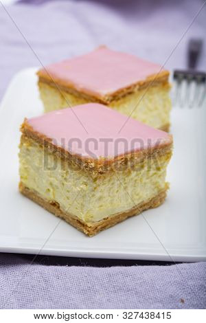 Tompoes Or Tompouce, Iconic Pastry In Netherlands And Belgium Made From Puff Dough, Icing, Cream