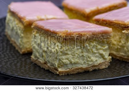 Tompoes Or Tompouce, Iconic Pastry In Netherlands And Belgium Made From Puff Dough, Icing, Cream
