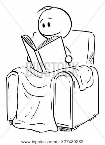 Vector Cartoon Stick Figure Drawing Conceptual Illustration Of Man Siting Under Blanket In Comfortab