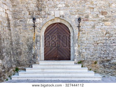 Staircase Leading To A Large Wood Door At Citadela, Old Town Budva, Montenegro