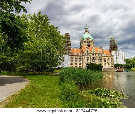 View Of The New Town Hall In Hannover, Germany From Across The Pond In Maschpark