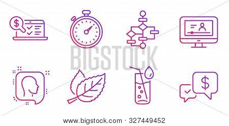 Block Diagram, Head And Leaf Line Icons Set. Online Accounting, Timer And Water Glass Signs. Online 