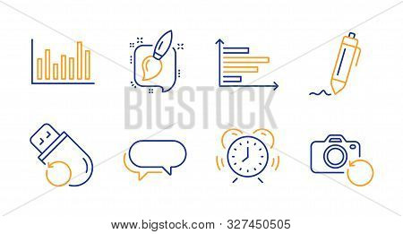 Horizontal Chart, Painting Brush And Time Management Line Icons Set. Signature, Bar Diagram And Flas