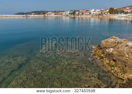 Thasos, Greece - April 5, 2016:  Coastline Of Town Of Limenaria, Thassos Island, East Macedonia And 