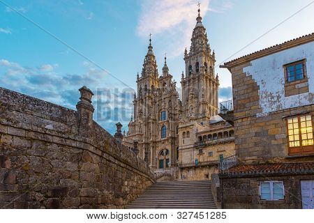 Old Gothic Santiago De Compostela Cathedral, Galicia, Spain In The Morning
