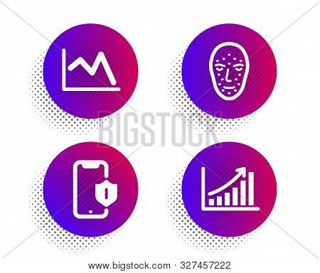 Face Biometrics, Smartphone Protection And Line Chart Icons Simple Set. Halftone Dots Button. Graph 