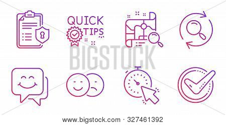 Timer, Privacy Policy And Like Line Icons Set. Search Map, Search And Quick Tips Signs. Smile Face, 