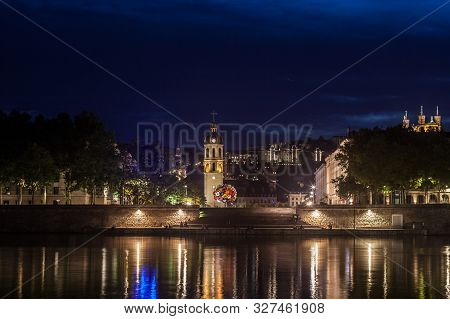 Panorama Of Presqu Ile District In Lyon At Night With The Basilique De Fourviere Church And Clocher 