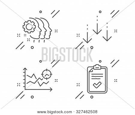 Scroll Down, Seo Analysis And Employees Teamwork Line Icons Set. Checklist Sign. Swipe Screen, Targe
