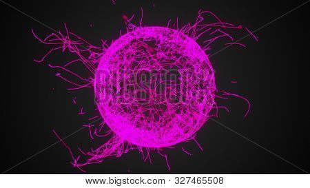 3d Rendering, Computer Generated Sphere Or Ball Of Numerous Neon Particles And Lines On A Black Back