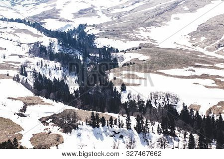 Lago Naki Spring Plateau With Snowy Hills, Top View. Adygea, Russia