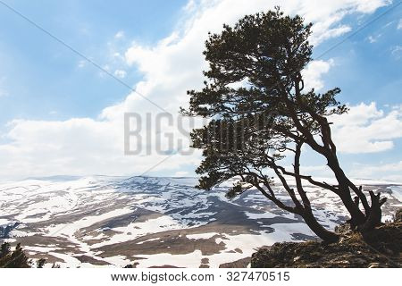 Lago Naki Spring Plateau With Snowy Hills, Blue Sky And Clouds