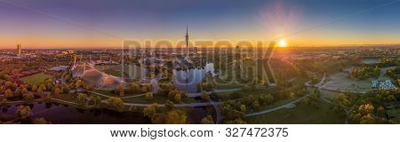 Impressive Total View Over Munich At Sunset With The Olympic Park.