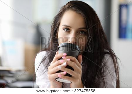 Woman Hold Black Paper Moog With Coffee Drink Portriat. Morning Energy Concept