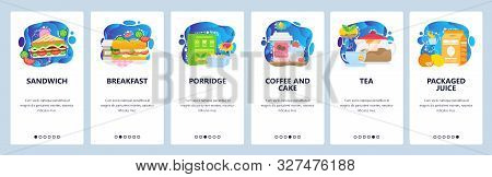 Mobile App Onboarding Screens. Morning Breakfast Meals, Sandwich, Porrige, Coffee And Cake. Food Res