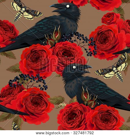 Seamless Pattern With Raven, Hawk Moths And Roses