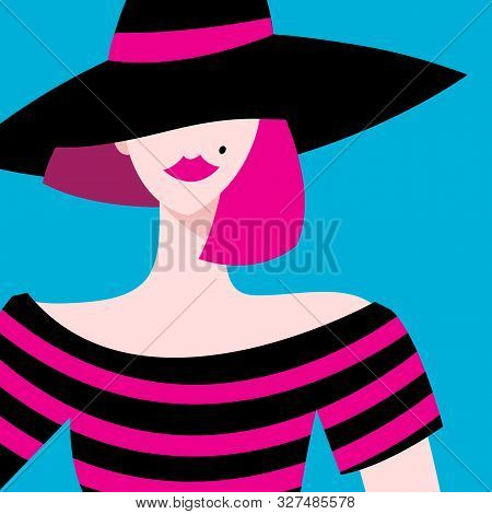 Vector Graphic Portrait Of A Beautiful Girl In A Hat. Beauty Salon Advertising.