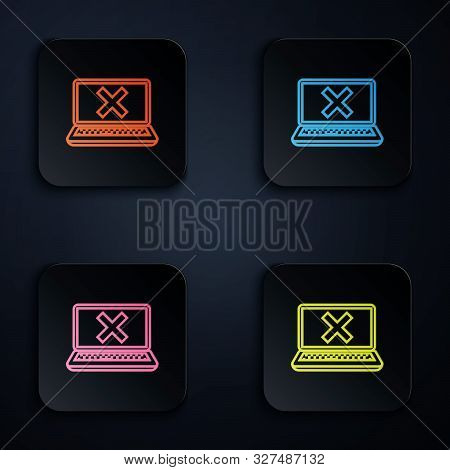 Color Neon Line Laptop And Cross Mark On Screen Icon On White Background. Error Window, Exit Button,