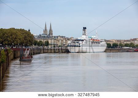 Bordeaux, France - September 9, 2018: Cruise Ships In The Garonne River Harbour. Bordeaux, Gironde. 
